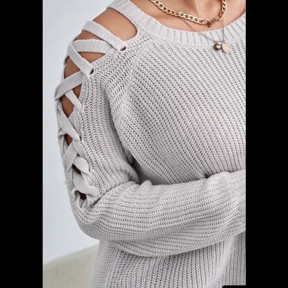 Silver/gray sweater, braided cut outs!